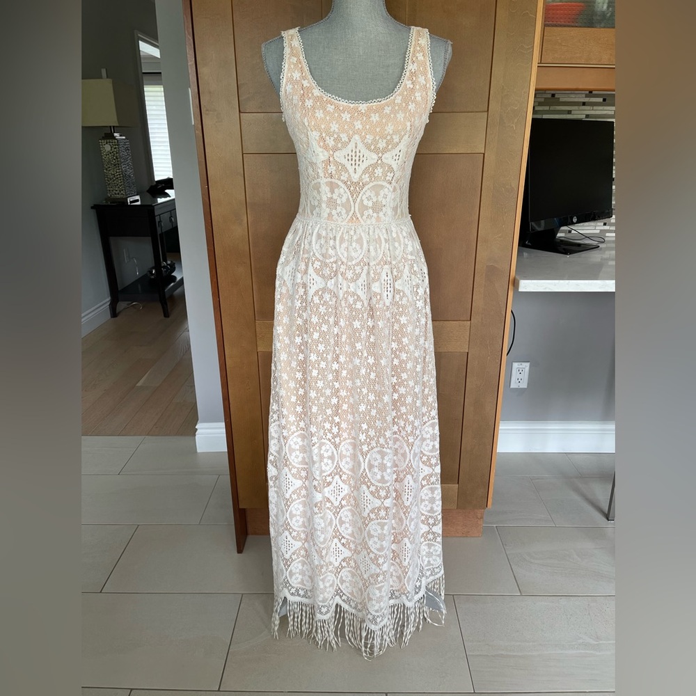 Vintage VICTOR COSTA Cream Lace Sleeveless Long Dress, Size S/M